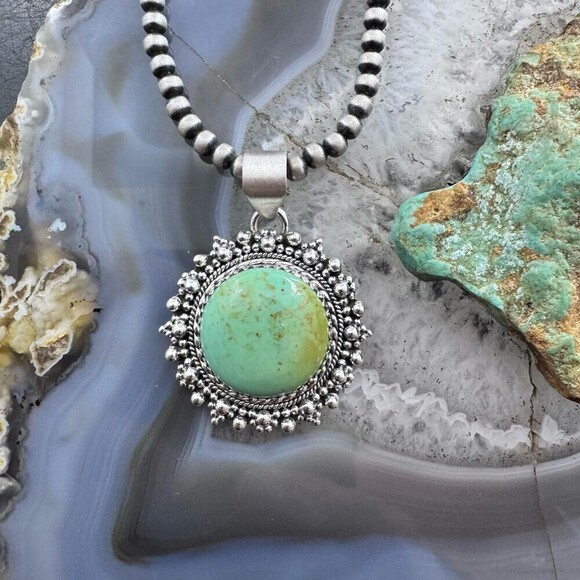 Sterling Southwestern Style Round Green Turquoise Decorated Pendant For Women - Picture 2 of 10